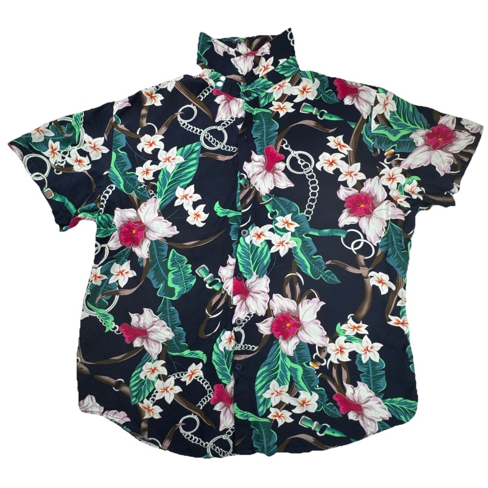 COOFANDY Short Sleeve Tropical Floral Chain Print Button Down Shirt L Navy